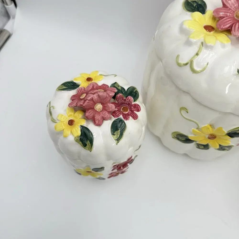 Butterfly Flower 3D White Pumpkin MCM Canister Set 1950s Cottagecore Floral VGC‎